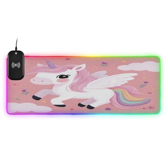 Large RGB Wireless Charging Mouse Pad Cute Winged Unicorn Illustration14 LED Modes Non-Slip Gaming Mat for Desktop Laptop Office Home