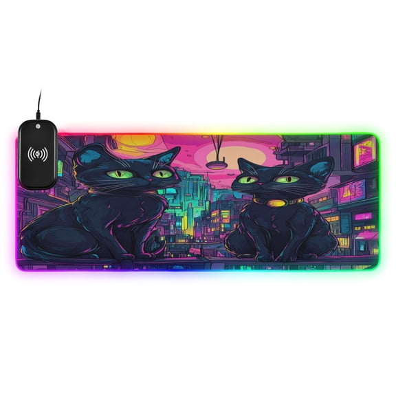 Large RGB Wireless Charging Mouse Pad Cyberpunk Black Cats14 LED Modes Non-Slip Gaming Mat for Desktop Laptop Office Home