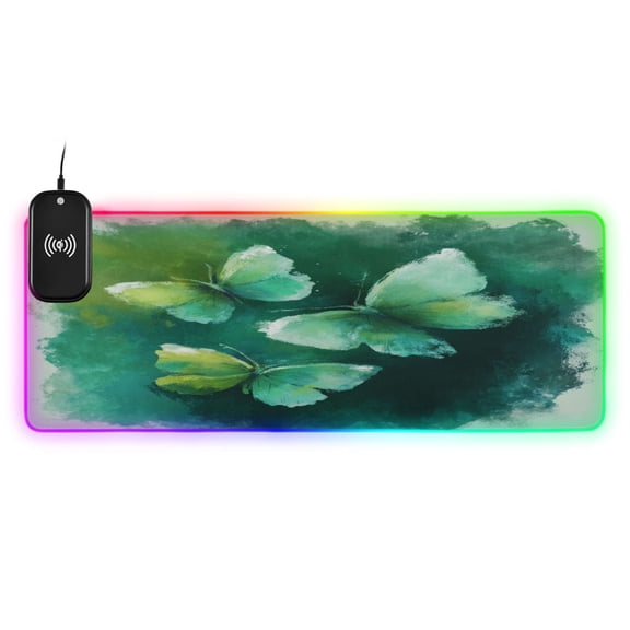 Large RGB Wireless Charging Mouse Pad Deep Green Butterfly Whisper14 LED Modes Non-Slip Gaming Mat for Desktop Laptop Office Home