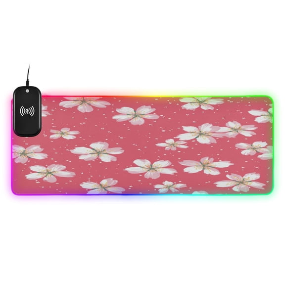 Large RGB Wireless Charging Mouse Pad Delicate Pink Cherry Pattern14 LED Modes Non-Slip Gaming Mat for Desktop Laptop Office Home
