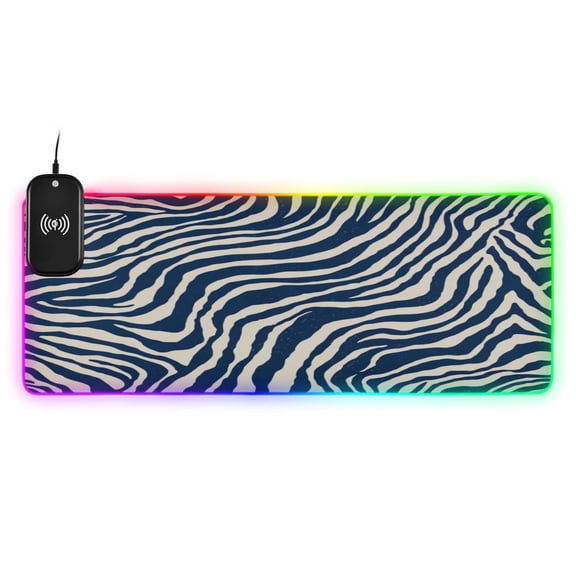 Large RGB Wireless Charging Mouse Pad Digital Blue Zebra Stripes14 LED Modes Non-Slip Gaming Mat for Desktop Laptop Office Home