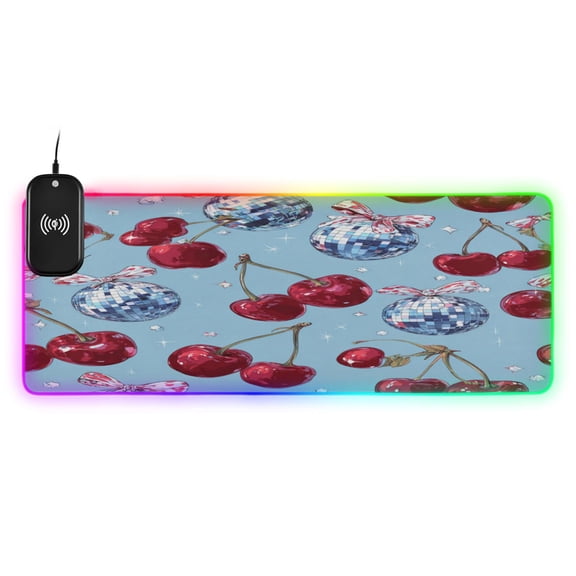 Large RGB Wireless Charging Mouse Pad Disco Balls with Cherries14 LED Modes Non-Slip Gaming Mat for Desktop Laptop Office Home