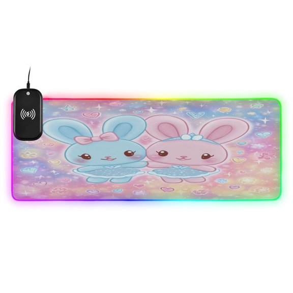 Large RGB Wireless Charging Mouse Pad Dreamy Celestial Rabbit Pair14 LED Modes Non-Slip Gaming Mat for Desktop Laptop Office Home