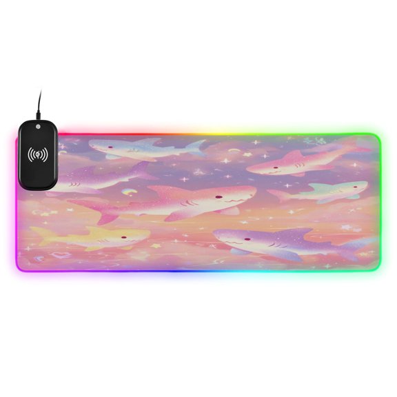 Large RGB Wireless Charging Mouse Pad Dreamy Shark Galaxy14 LED Modes Non-Slip Gaming Mat for Desktop Laptop Office Home