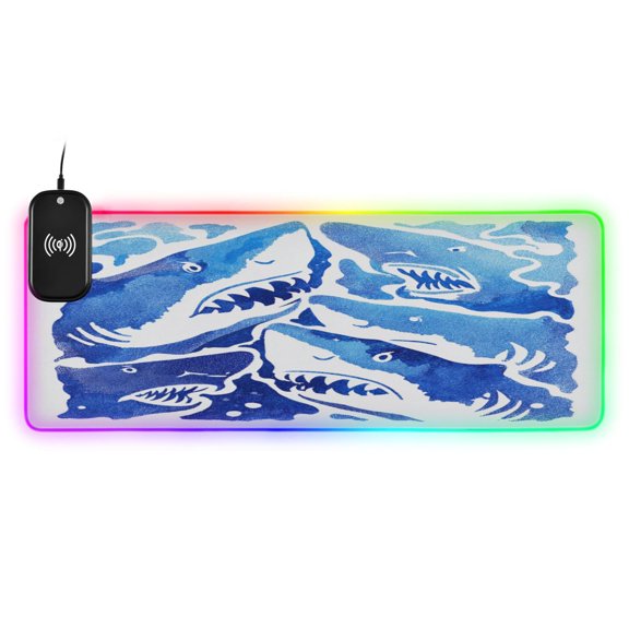 Large RGB Wireless Charging Mouse Pad Edgy Blue Shark Print14 LED Modes Non-Slip Gaming Mat for Desktop Laptop Office Home