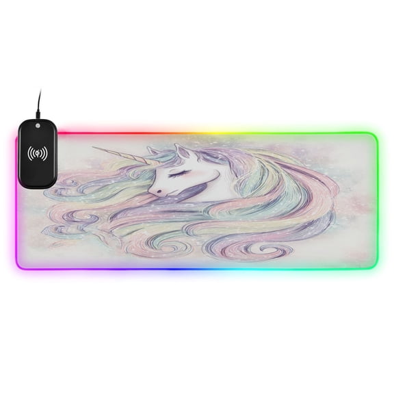 Large RGB Wireless Charging Mouse Pad Ethereal Unicorn Rainbow Mane14 LED Modes Non-Slip Gaming Mat for Desktop Laptop Office Home