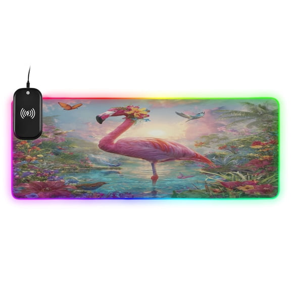 Large RGB Wireless Charging Mouse Pad Exotic Paradise Flamingo14 LED Modes Non-Slip Gaming Mat for Desktop Laptop Office Home