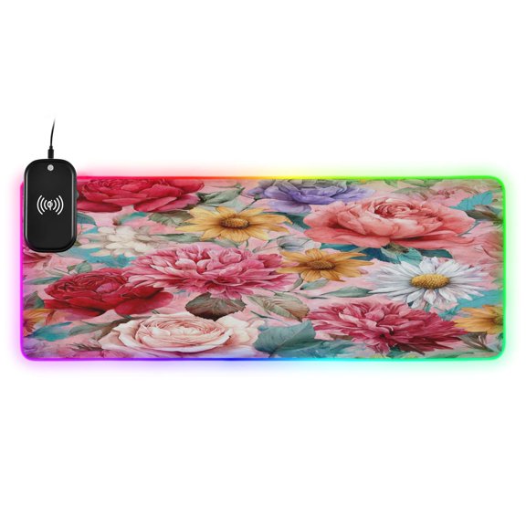 Large RGB Wireless Charging Mouse Pad Fantasy Art Floral Pattern14 LED Modes Non-Slip Gaming Mat for Desktop Laptop Office Home