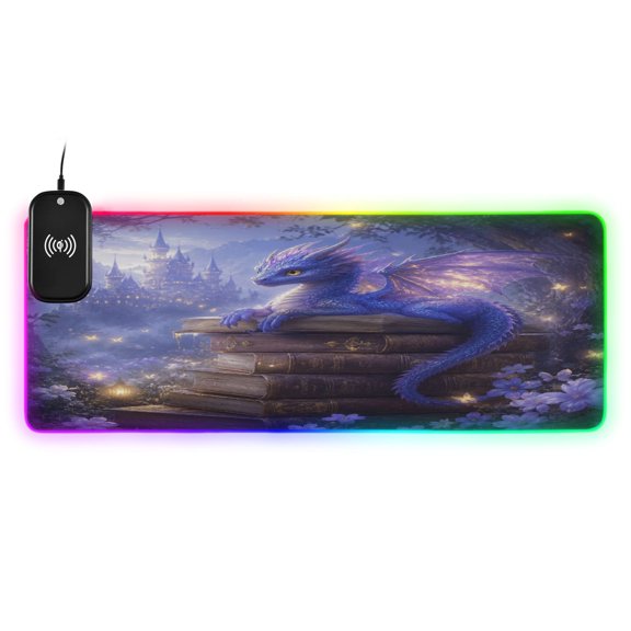 Large RGB Wireless Charging Mouse Pad Fantasy Dragon Castle Design14 LED Modes Non-Slip Gaming Mat for Desktop Laptop Office Home