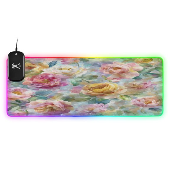 Large RGB Wireless Charging Mouse Pad Fantasy Peonies and Roses14 LED Modes Non-Slip Gaming Mat for Desktop Laptop Office Home