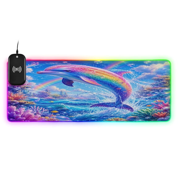 Large RGB Wireless Charging Mouse Pad Fantasy Rainbow Dolphin Sea14 LED Modes Non-Slip Gaming Mat for Desktop Laptop Office Home