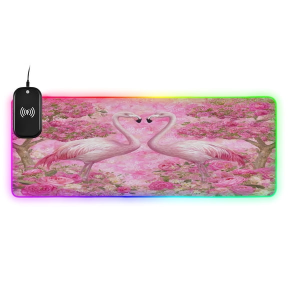 Large RGB Wireless Charging Mouse Pad Flamingo Love Pink Paradise14 LED Modes Non-Slip Gaming Mat for Desktop Laptop Office Home