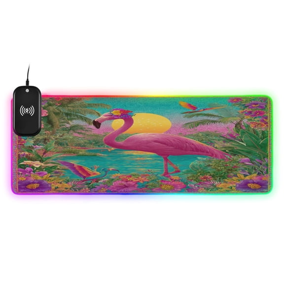 Large RGB Wireless Charging Mouse Pad Flamingo Resort Style14 LED Modes Non-Slip Gaming Mat for Desktop Laptop Office Home
