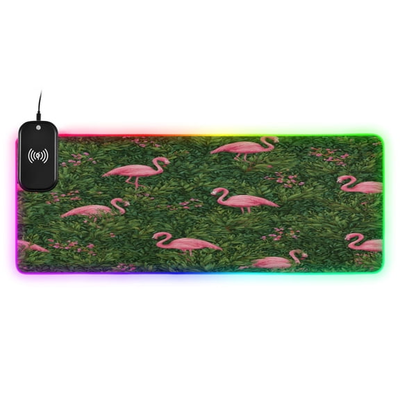 Large RGB Wireless Charging Mouse Pad Flamingos in Flowers14 LED Modes Non-Slip Gaming Mat for Desktop Laptop Office Home