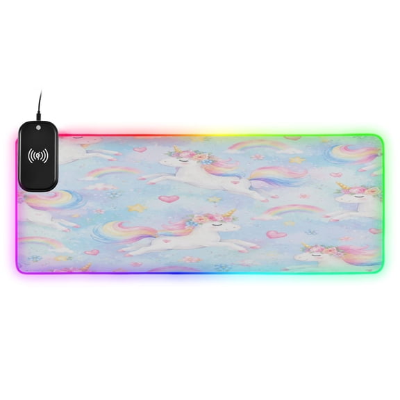 Large RGB Wireless Charging Mouse Pad Flying Unicorn Rainbow Graphic14 LED Modes Non-Slip Gaming Mat for Desktop Laptop Office Home