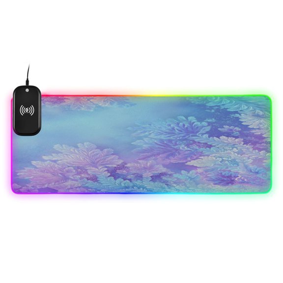 Large RGB Wireless Charging Mouse Pad Frosty Floral Ice Pattern14 LED Modes Non-Slip Gaming Mat for Desktop Laptop Office Home
