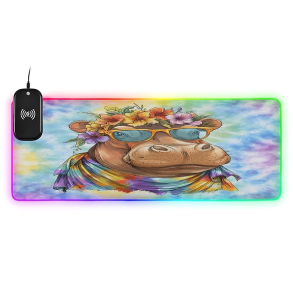 Large RGB Wireless Charging Mouse Pad Fun Whimsical Hippopotamus14 LED Modes Non-Slip Gaming Mat for Desktop Laptop Office Home