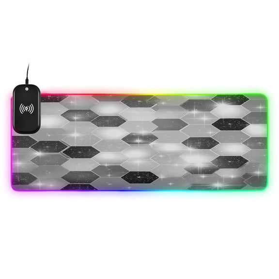 Large RGB Wireless Charging Mouse Pad Futuristic Sparkle Hex Tile14 LED Modes Non-Slip Gaming Mat for Desktop Laptop Office Home