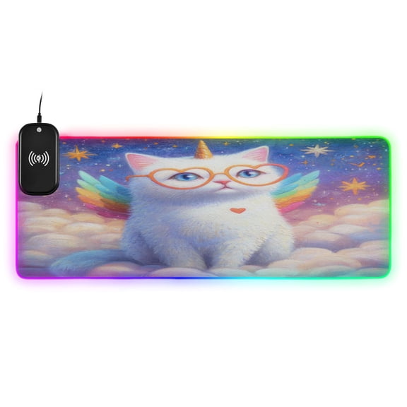 Large RGB Wireless Charging Mouse Pad Galaxy Unicorn Kitten Print14 LED Modes Non-Slip Gaming Mat for Desktop Laptop Office Home