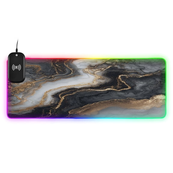 Large RGB Wireless Charging Mouse Pad Gilded Black Marble Fluid Art14 LED Modes Non-Slip Gaming Mat for Desktop Laptop Office Home
