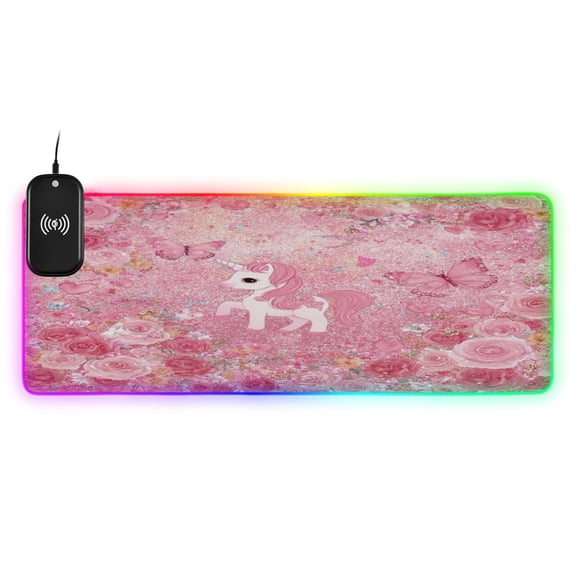 Large RGB Wireless Charging Mouse Pad Glitter Unicorn Rose Paradise14 LED Modes Non-Slip Gaming Mat for Desktop Laptop Office Home