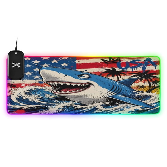 Large RGB Wireless Charging Mouse Pad Graffiti Shark American Flag Art14 LED Modes Non-Slip Gaming Mat for Desktop Laptop Office Home