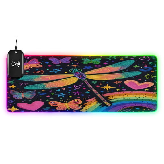 Large RGB Wireless Charging Mouse Pad Graffiti Style Dragonfly Print14 LED Modes Non-Slip Gaming Mat for Desktop Laptop Office Home