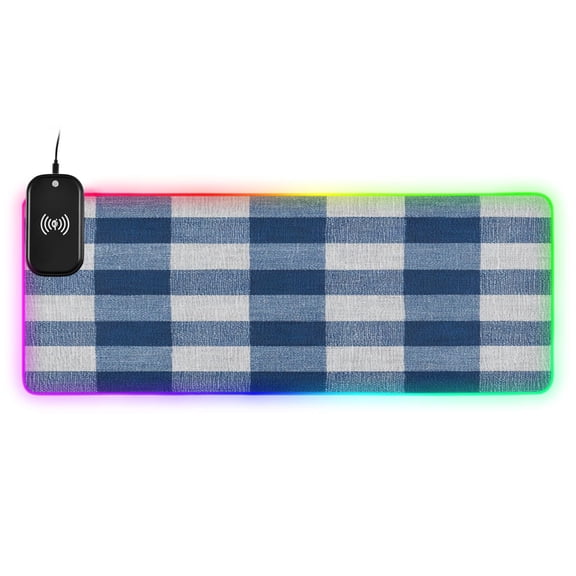 Large RGB Wireless Charging Mouse Pad Gray-blue Checkered14 LED Modes Non-Slip Gaming Mat for Desktop Laptop Office Home