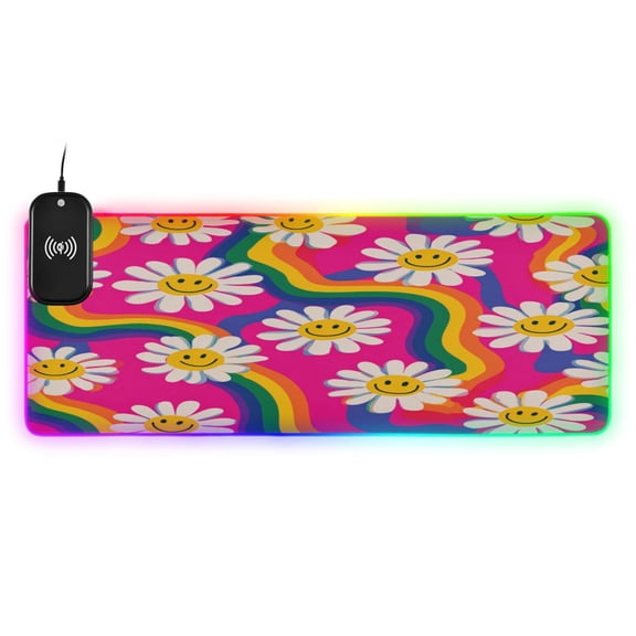 Large RGB Wireless Charging Mouse Pad Groovy Daisies with Smiley Faces14 LED Modes Non-Slip Gaming Mat for Desktop Laptop Office Home