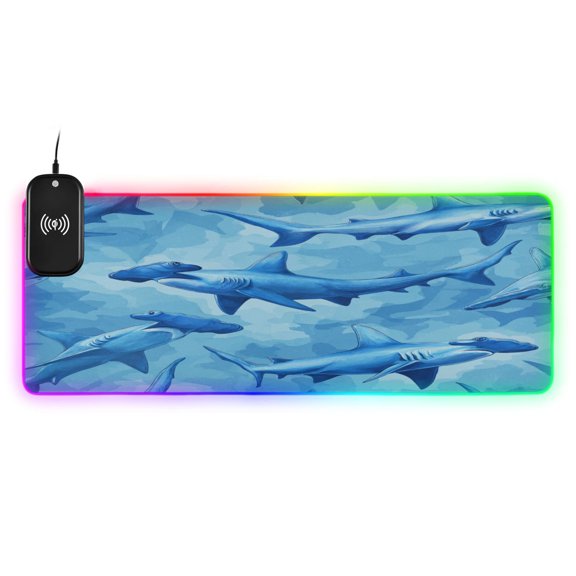 Large RGB Wireless Charging Mouse Pad Hammerhead Shark Pattern14 LED Modes Non-Slip Gaming Mat for Desktop Laptop Office Home
