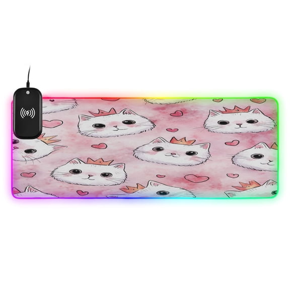 Large RGB Wireless Charging Mouse Pad Happy Crown Kitty14 LED Modes Non-Slip Gaming Mat for Desktop Laptop Office Home