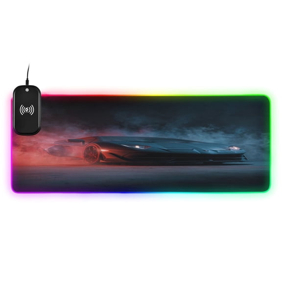 Large RGB Wireless Charging Mouse Pad Hyper-realistic Black Racing Car14 LED Modes Non-Slip Gaming Mat for Desktop Laptop Office Home