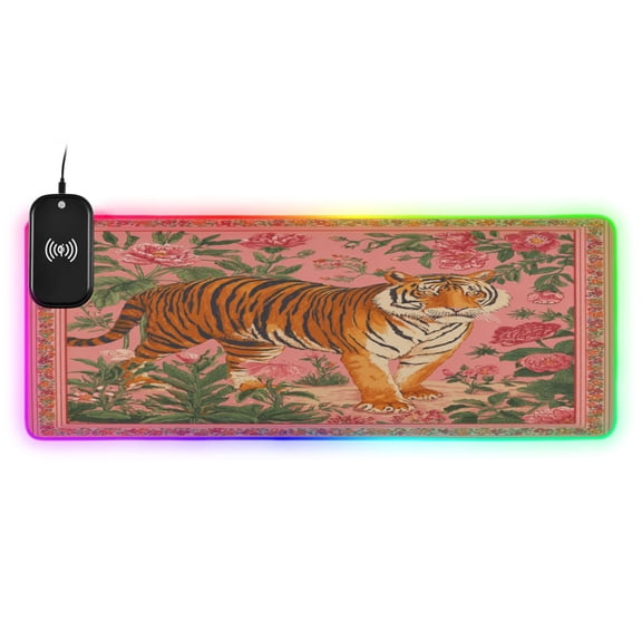 Large RGB Wireless Charging Mouse Pad Jungle Tiger Tapestry14 LED Modes Non-Slip Gaming Mat for Desktop Laptop Office Home