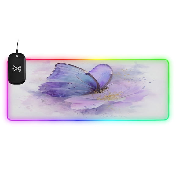 Large RGB Wireless Charging Mouse Pad Lavender Dream Of The Morpho14 LED Modes Non-Slip Gaming Mat for Desktop Laptop Office Home