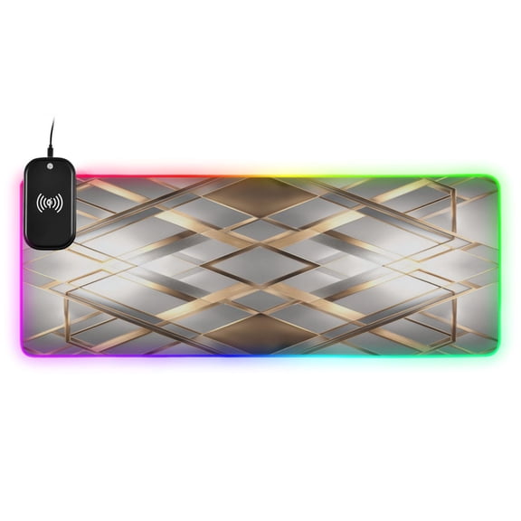 Large RGB Wireless Charging Mouse Pad Layered Diamond Pattern14 LED Modes Non-Slip Gaming Mat for Desktop Laptop Office Home