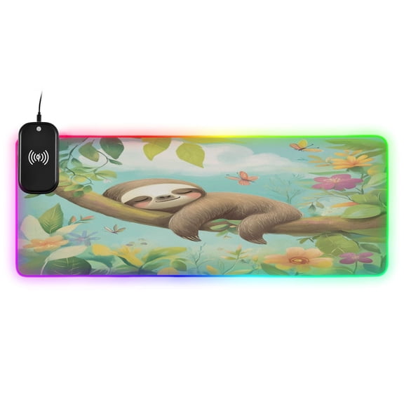 Large RGB Wireless Charging Mouse Pad Lazy Cartoon Sloth14 LED Modes Non-Slip Gaming Mat for Desktop Laptop Office Home