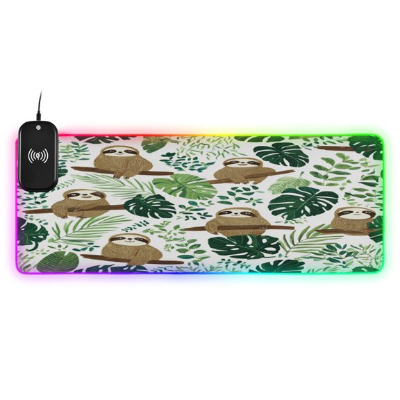 Large RGB Wireless Charging Mouse Pad Leafy Sloth Design14 LED Modes Non-Slip Gaming Mat for Desktop Laptop Office Home