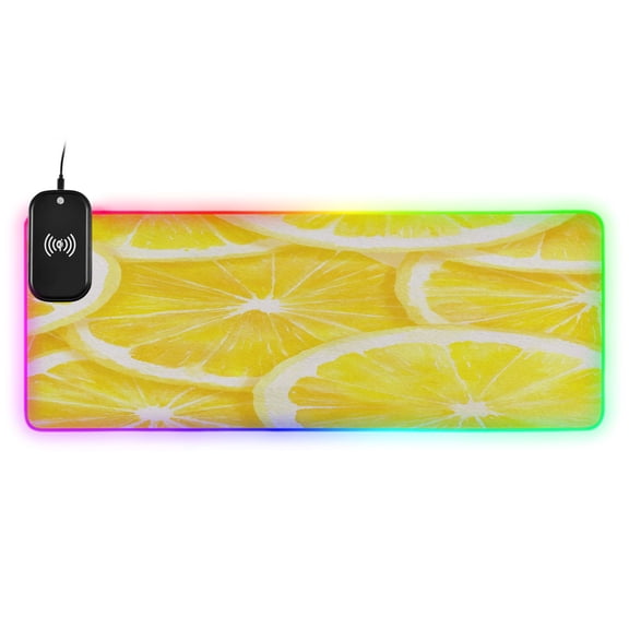 Large RGB Wireless Charging Mouse Pad Lemon Slice Pattern14 LED Modes Non-Slip Gaming Mat for Desktop Laptop Office Home