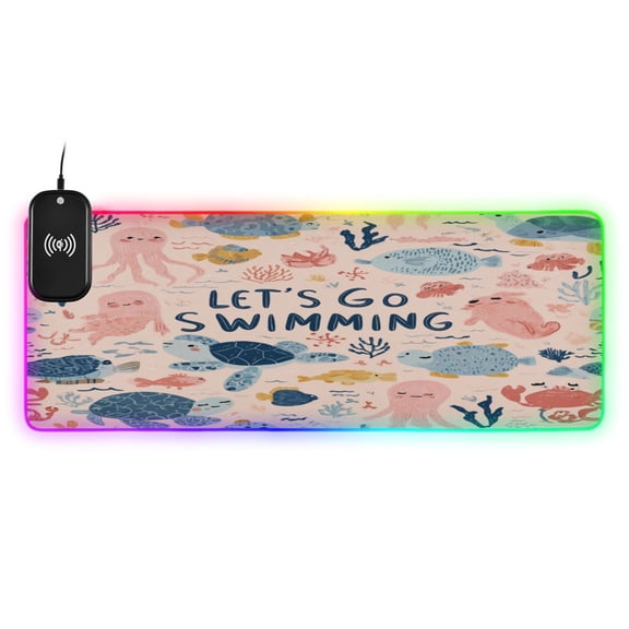 Large RGB Wireless Charging Mouse Pad Let's Go Swimming14 LED Modes Non-Slip Gaming Mat for Desktop Laptop Office Home