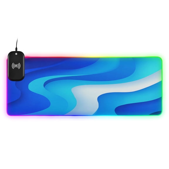 Large RGB Wireless Charging Mouse Pad Light Blue Flowing River14 LED Modes Non-Slip Gaming Mat for Desktop Laptop Office Home