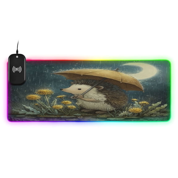 Large RGB Wireless Charging Mouse Pad Little Hedgehog Holding An Umbrella14 LED Modes Non-Slip Gaming Mat for Desktop Laptop Office Home