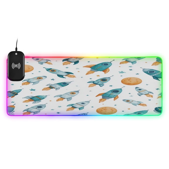 Large RGB Wireless Charging Mouse Pad Little Rocket Ships Pattern14 LED Modes Non-Slip Gaming Mat for Desktop Laptop Office Home