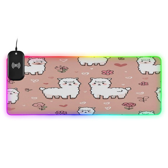 Large RGB Wireless Charging Mouse Pad Lovey Alpaca Doodles14 LED Modes Non-Slip Gaming Mat for Desktop Laptop Office Home