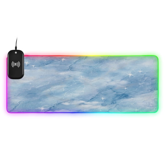 Large RGB Wireless Charging Mouse Pad Luxury Ice Blue Marble Art14 LED Modes Non-Slip Gaming Mat for Desktop Laptop Office Home