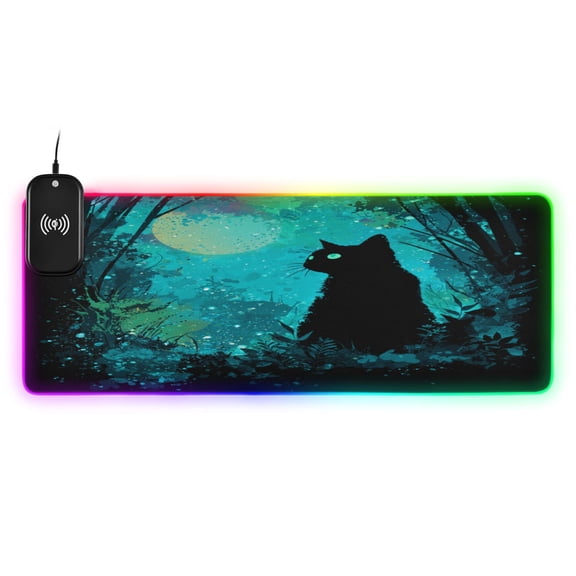 Large RGB Wireless Charging Mouse Pad Magic Black Cat14 LED Modes Non-Slip Gaming Mat for Desktop Laptop Office Home