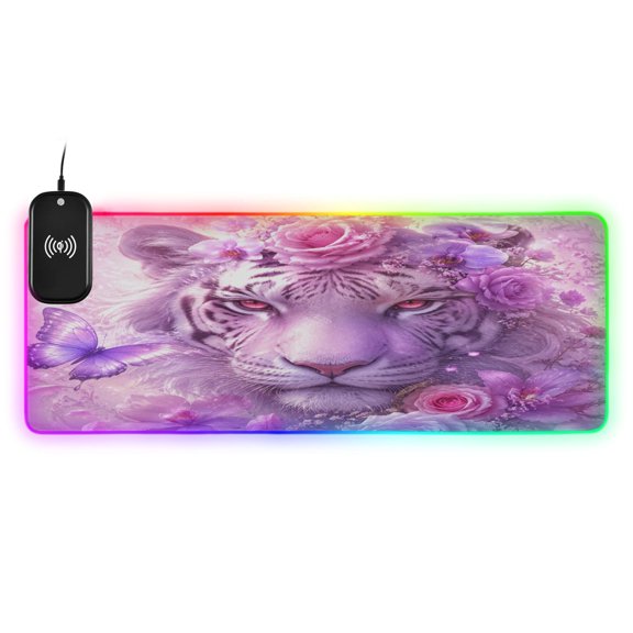 Large RGB Wireless Charging Mouse Pad Magical Tiger Flower Design14 LED Modes Non-Slip Gaming Mat for Desktop Laptop Office Home