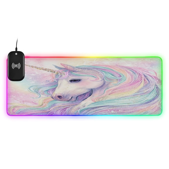 Large RGB Wireless Charging Mouse Pad Magical Unicorn Pastel Sky14 LED Modes Non-Slip Gaming Mat for Desktop Laptop Office Home