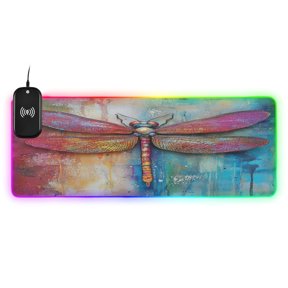 Large RGB Wireless Charging Mouse Pad Modern Abstract Dragonfly Wall Art14 LED Modes Non-Slip Gaming Mat for Desktop Laptop Office Home