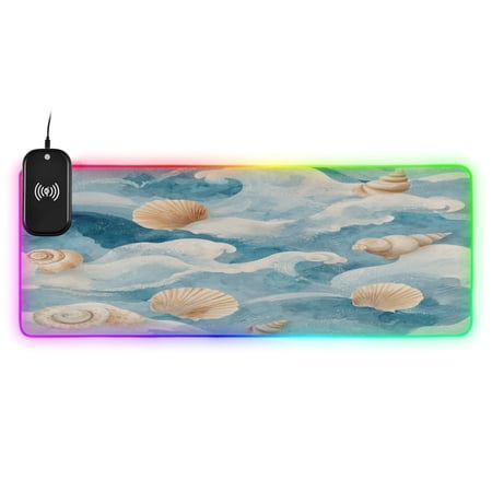 Large RGB Wireless Charging Mouse Pad Moody Coastal Beach Wave Design14 LED Modes Non-Slip Gaming Mat for Desktop Laptop Office Home