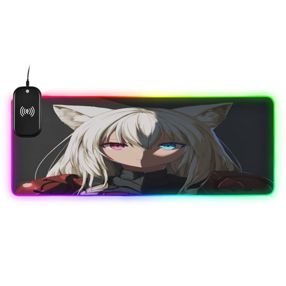 Large RGB Wireless Charging Mouse Pad Neko Girl14 LED Modes Non-Slip Gaming Mat for Desktop Laptop Office Home